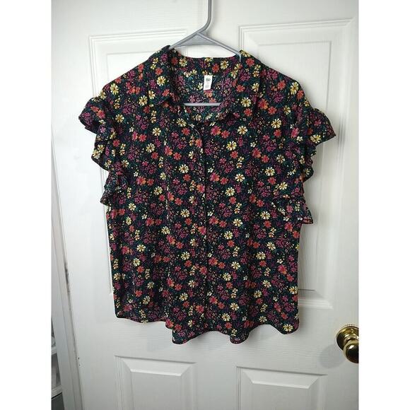 BP Black Floral Ruffle Semi Sheer Cap Sleeve Collar Button Top. Size M - Picture 1 of 8